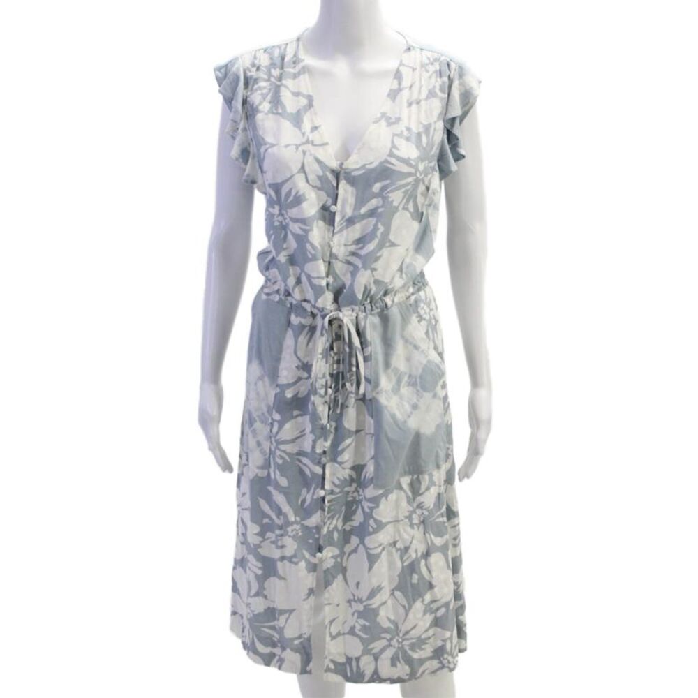 Splendid Womens Ruffled Cap Sleeve V Neck Floral Shift Dress GrayBlue White XS